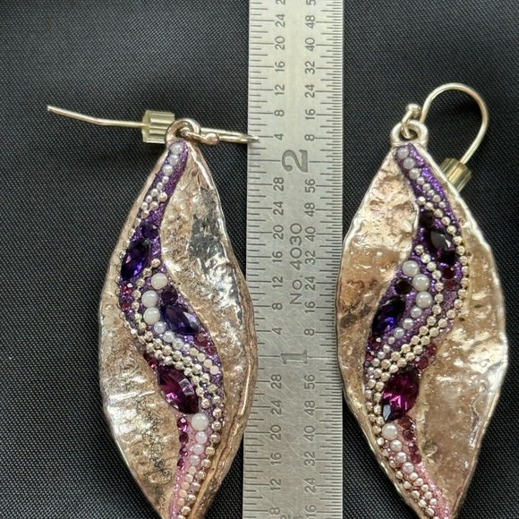 Vintage 925 Israeli Silver Hammered Leaf Design amethyst and pearls Bobo artisan - Picture 2 of 5